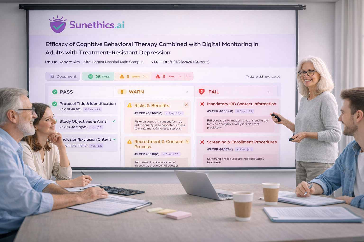Team reviewing Sunethics.ai regulatory compliance report